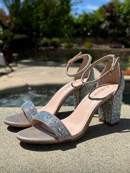 Delicacy Shoes - New Bling Gold Rhinestone Crystal Open Toe Dress Sandals Ankle Strap Block Heel